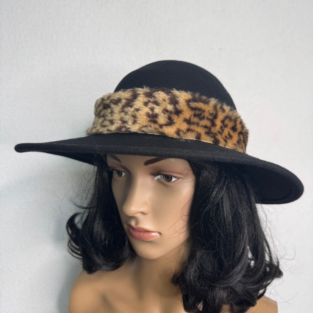 Vintage 1980s Black Wool Felt Wide Brim Hat Leopard Faux Fur Made USA 22” - Picture 5 of 14